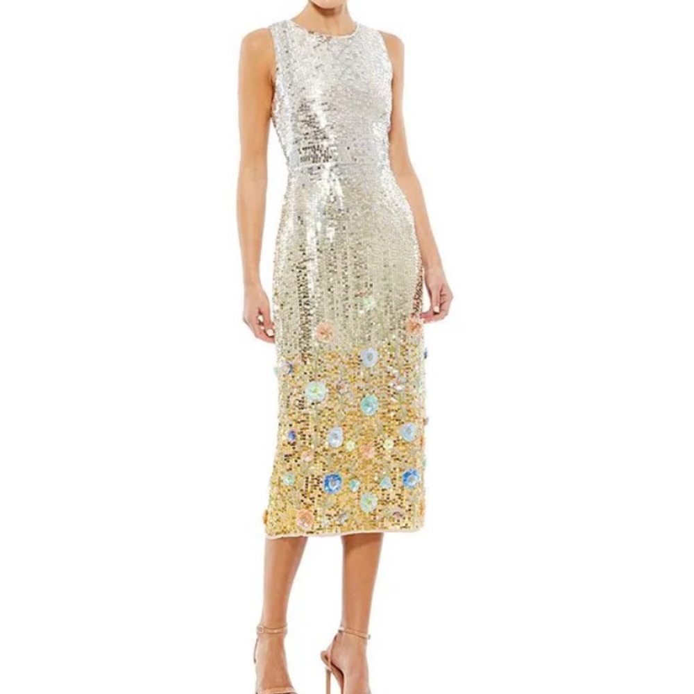 Mac Duggal - Sleeveless Crew Neck Ombre Sequin Floral Midi Sheath Dress